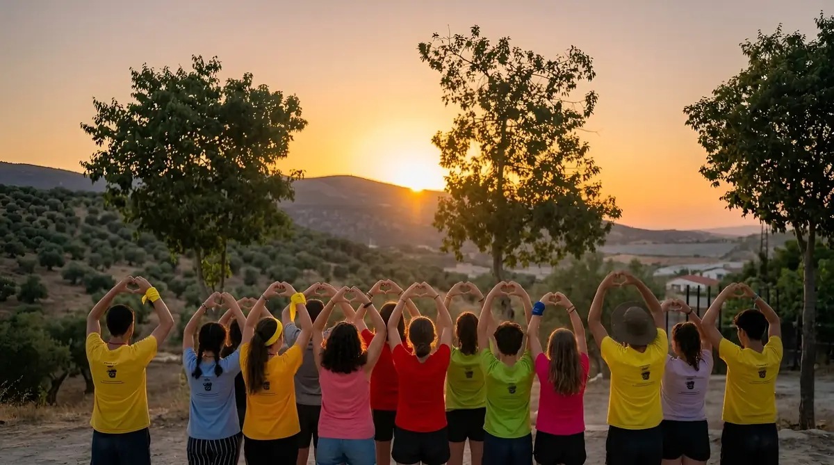 Grupo de jóvenes formando corazones con las manos al atardecer
